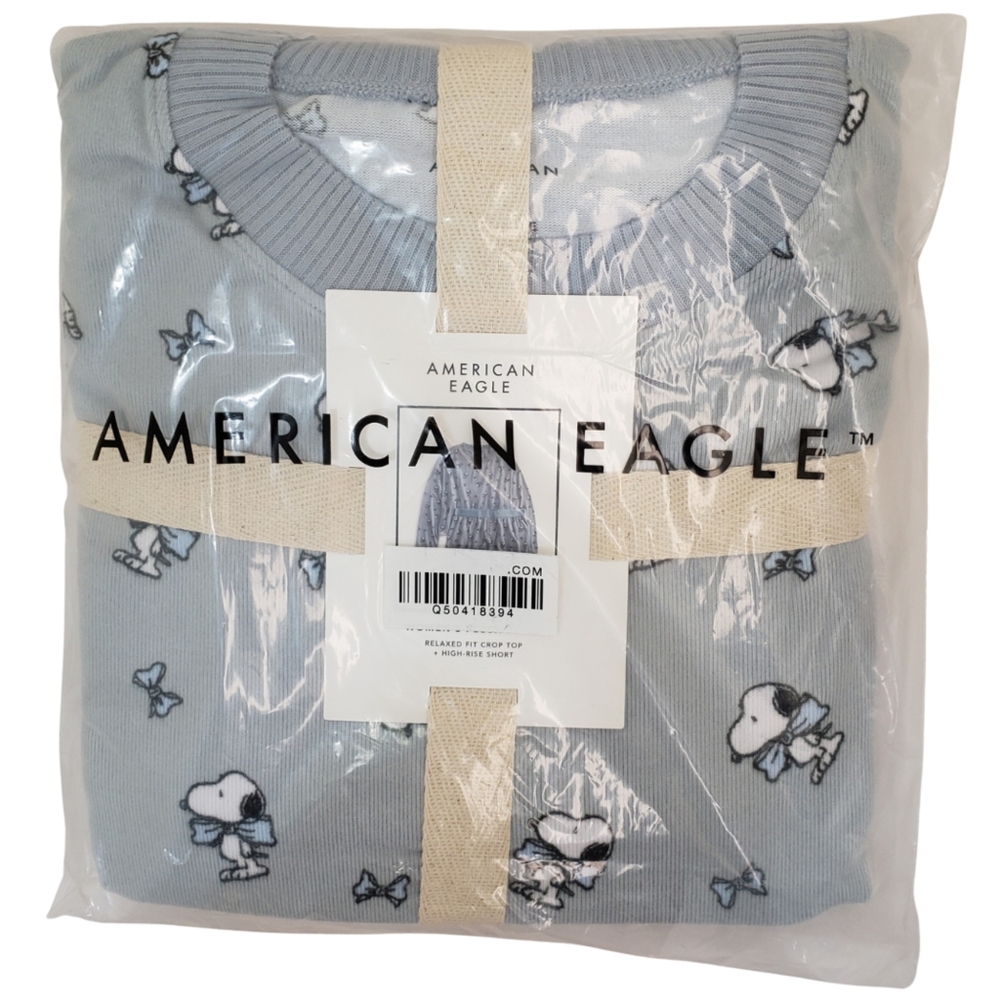 American Eagle Pajama Set Women Blue Peanuts Bow Plush Shirt & Shorts NWT